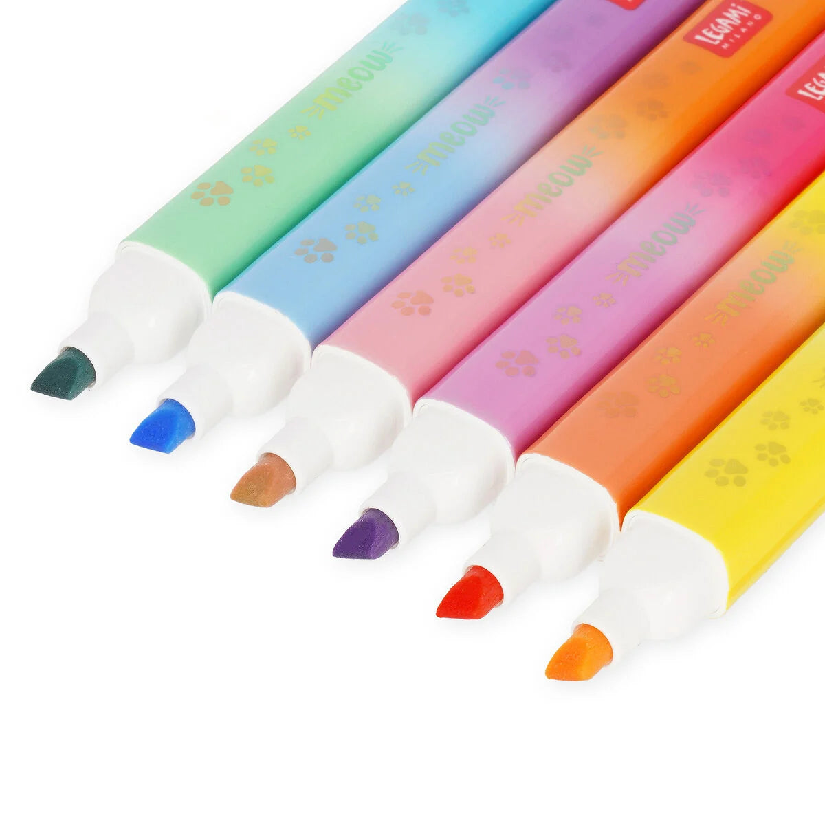 Legami Textmarker-Set Meow Kitty mit Doppelspitze – Nahaufnahme der Stiftkappen in 6 Farben