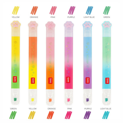 Legami Textmarker-Set Meow Kitty mit Doppelspitze – Übersicht aller 6 Farben mit Pfoten-Kappe und farbiger Spitze