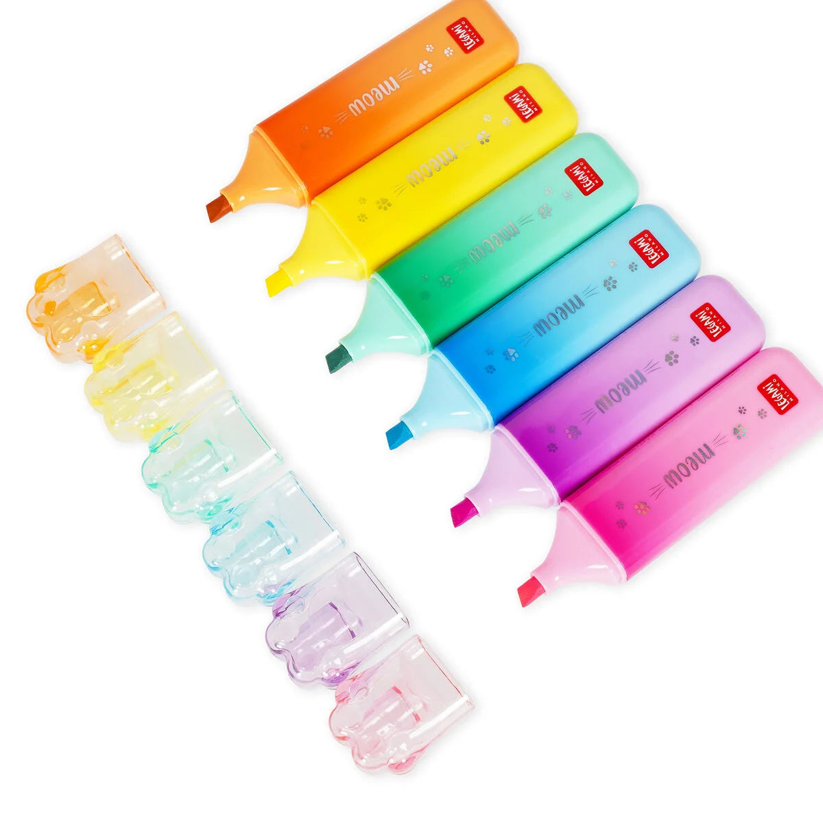 Legami Textmarker Meow in allen Farben – Highlighter mit Katzen-Motiv in Orange, Gelb, Grün, Blau, Lila und Pink