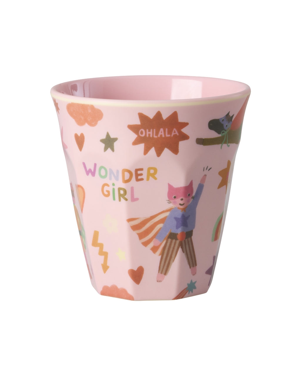Pink cup with "Superhero" design by Rice, 250ml