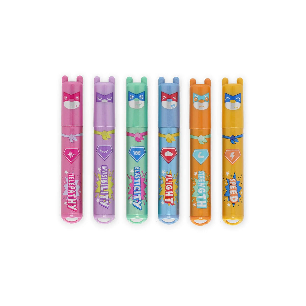 Sechs Mini Highlighter Teddys Superpower von Legami nebeneinander in pink, lila, gruen, blau, orange und gelb mit Superhelden-Baeren-Motiven auf weissem Hintergrund