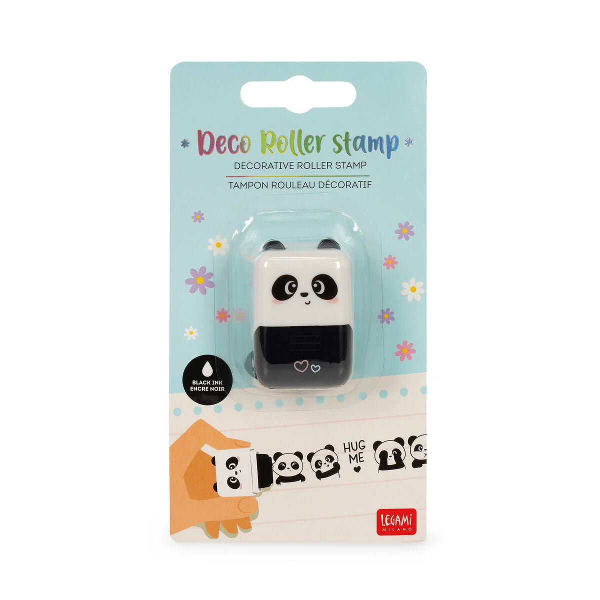 Produktverpackung des Panda Deko-Rollstempels Deco Roller Stamp von Legami mit schwarzer Tinte und Panda-Motivstreifen auf hellblauem Hintergrund