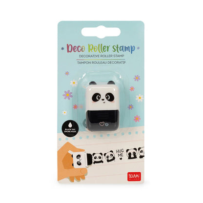 Produktverpackung des Panda Deko-Rollstempels Deco Roller Stamp von Legami mit schwarzer Tinte und Panda-Motivstreifen auf hellblauem Hintergrund