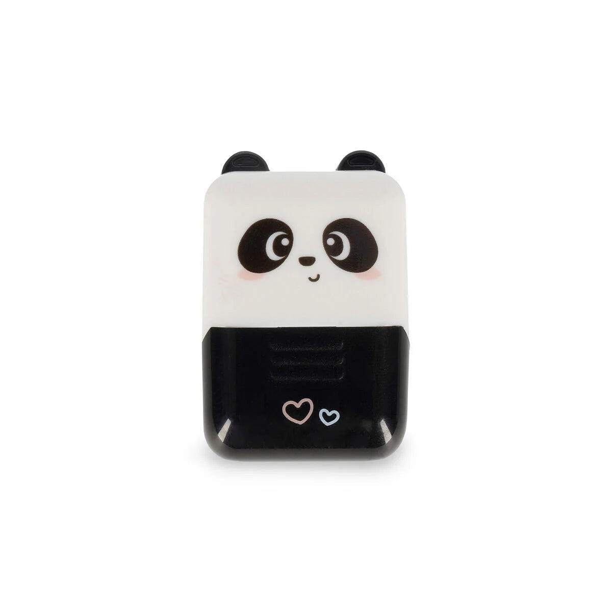 Panda Deko-Rollstempel Deco Roller Stamp von Legami in geschlossenem Zustand mit Panda-Gesicht und Herzstempel-Motiv auf weissem Hintergrund