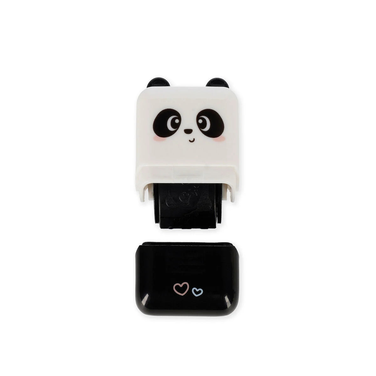 Panda Deko-Rollstempel Deco Roller Stamp von Legami mit abgenommenem schwarzen Deckel und Herzstempel-Motiv auf weissem Hintergrund