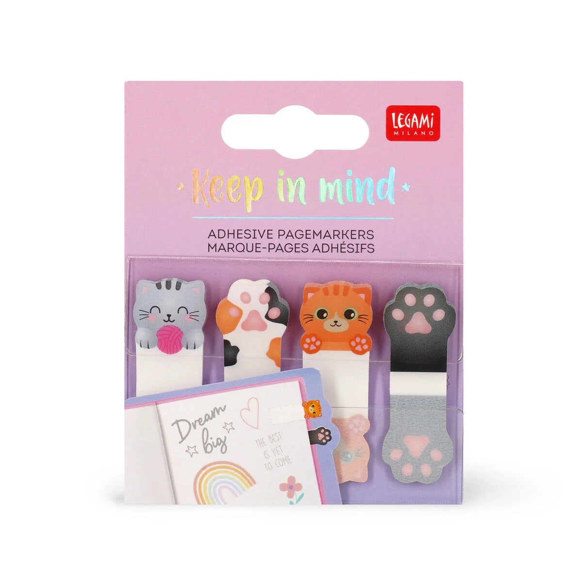 Produktverpackung der selbstklebenden Seitenmarkierer mit Katzen-Motiv Kitty von Legami mit Keep in Mind Schriftzug und verschiedenen Katzen-Markierern auf rosa Hintergrund