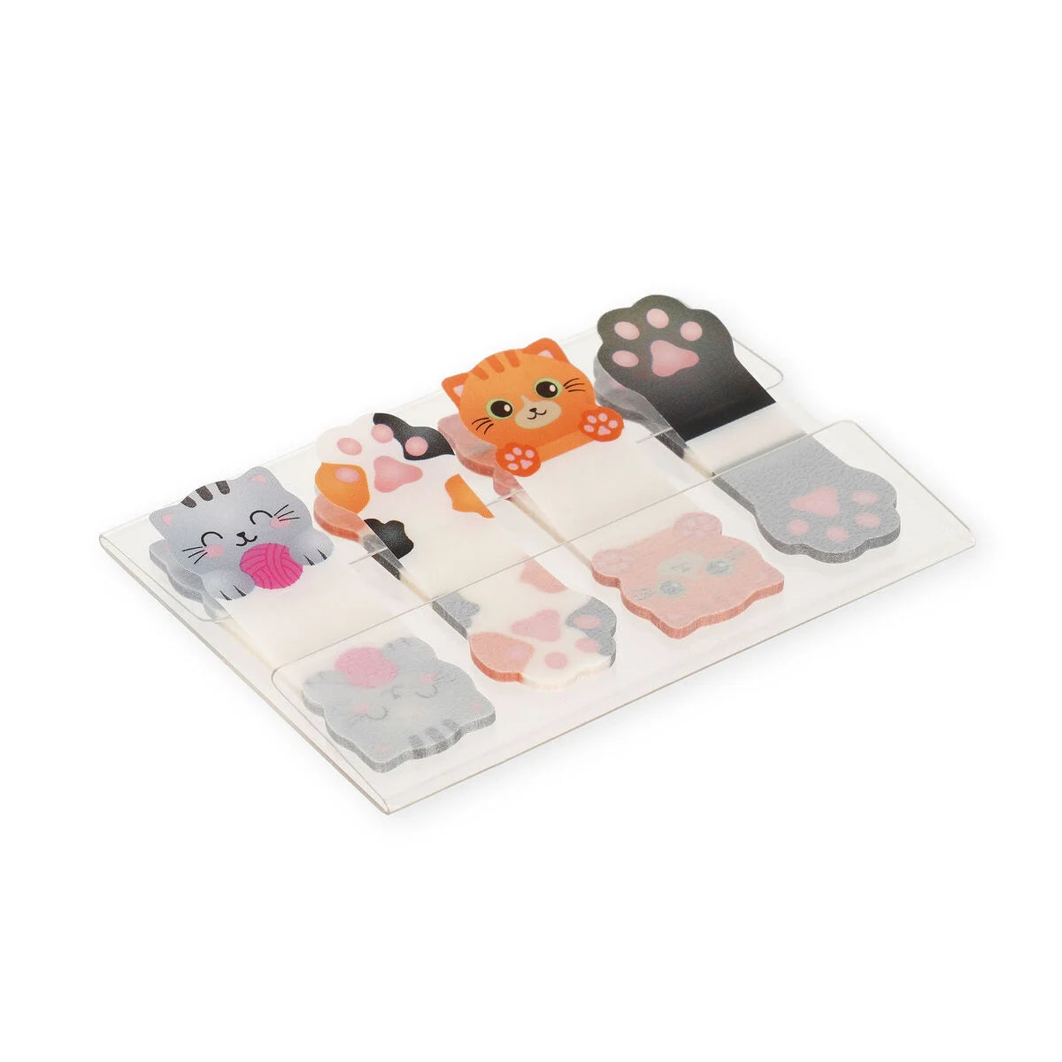 Selbstklebende Seitenmarkierer mit Katzen-Motiv Kitty von Legami in transparenter Verpackung mit verschiedenen Katzen- und Pfoten-Motiven auf weißem Hintergrund