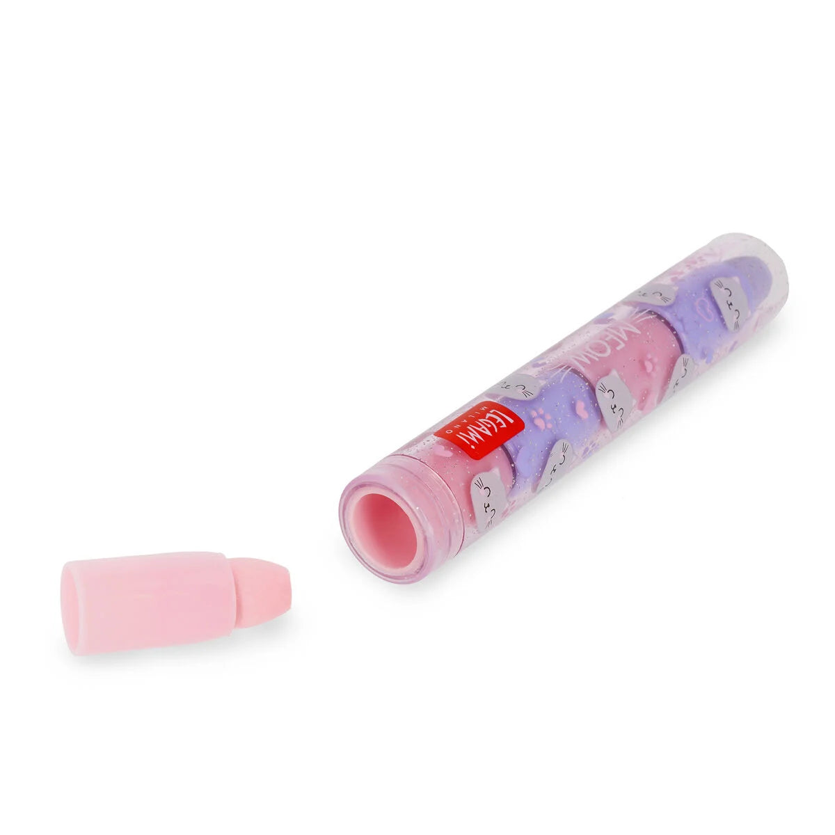 Stapelbarer Radiergummistift Meow Kitty von Legami geoeffnet Schraegansicht mit transparentem Behaelter gestapelten Radiergummi-Segmenten in rosa und lila sowie herausgezogenem Radiergummi auf weissem Hintergrund mit Blaubeer-Duft Geschenkidee Einschulung