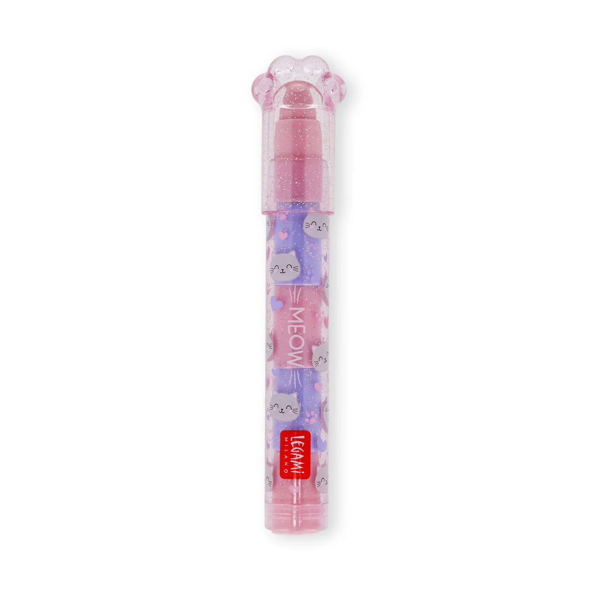 Stapelbarer Radiergummistift Meow Kitty von Legami in Frontansicht rosa Stift mit Katzen-Motiv und Pfoten-Kappe sowie gestapelten Radiergummi-Segmenten in rosa und lila auf weissem Hintergrund mit Blaubeer-Duft Geschenkidee Einschulung