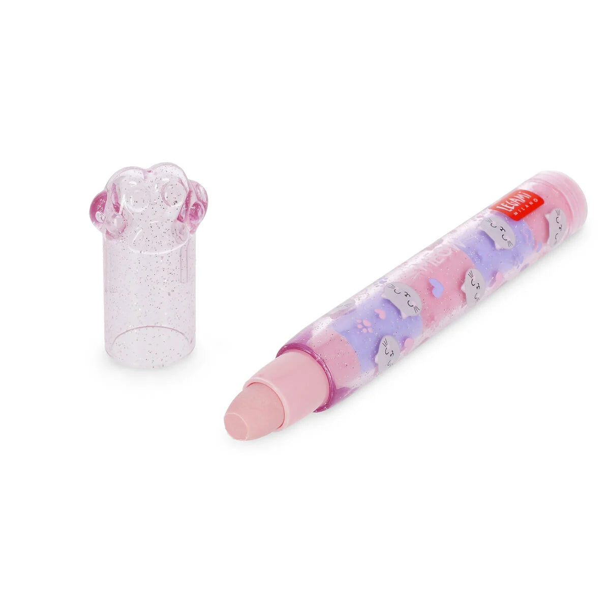 Stapelbarer Radiergummistift Meow Kitty von Legami geoeffnet mit Stift und abgenommener transparenter Pfoten-Kappe in Schraegansicht auf weissem Hintergrund mit Blaubeer-Duft Geschenkidee Einschulung