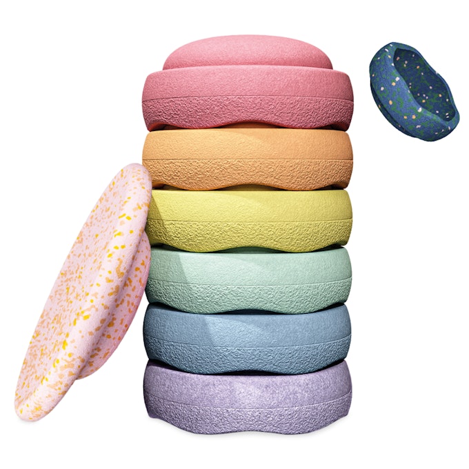 Stapelstein® "Spring Special" Rainbow Set pastell - 6er Set Stapelsteine in Pastellfarben mit Balanceboard "Petal" und Mini-Stapelstein, Motorikspielzeug zur Förderung von Gleichgewicht, Koordination und freiem Spiel