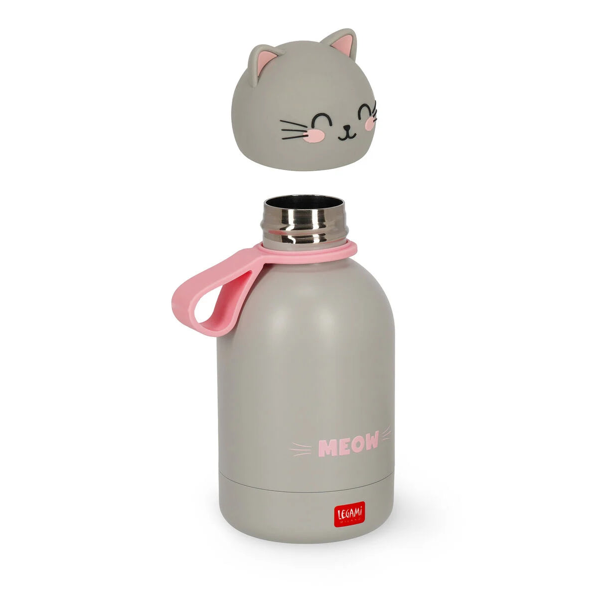 Thermosflasche fuer Kinder Kitty von Legami in grau mit rosa Meow-Schriftzug und abgehobenem Katzengesicht-Deckel in Frontansicht auf weissem Hintergrund