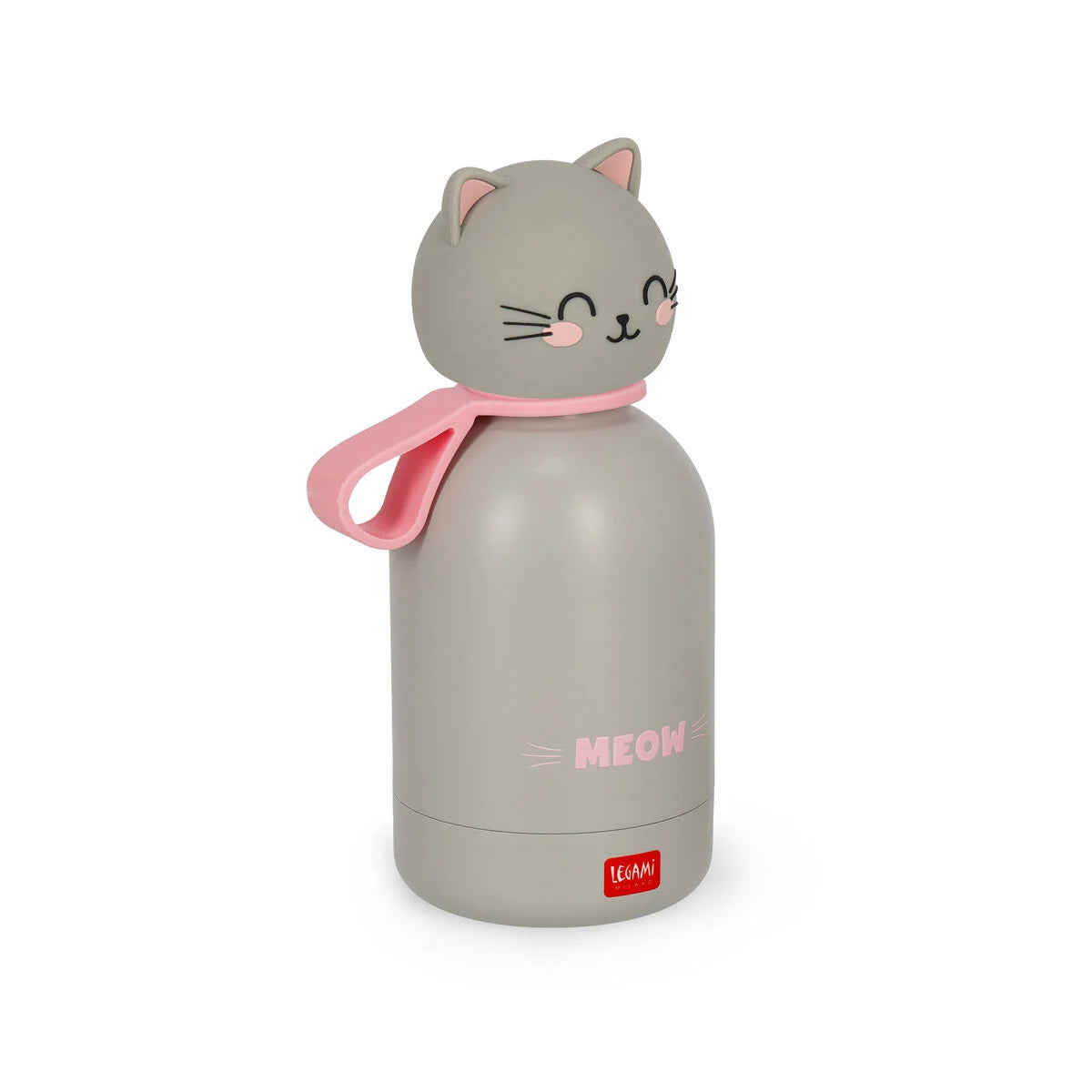 Thermosflasche fuer Kinder Kitty von Legami in grau mit rosa Meow-Schriftzug und geschlossenem Katzengesicht-Deckel in Frontansicht auf weissem Hintergrund