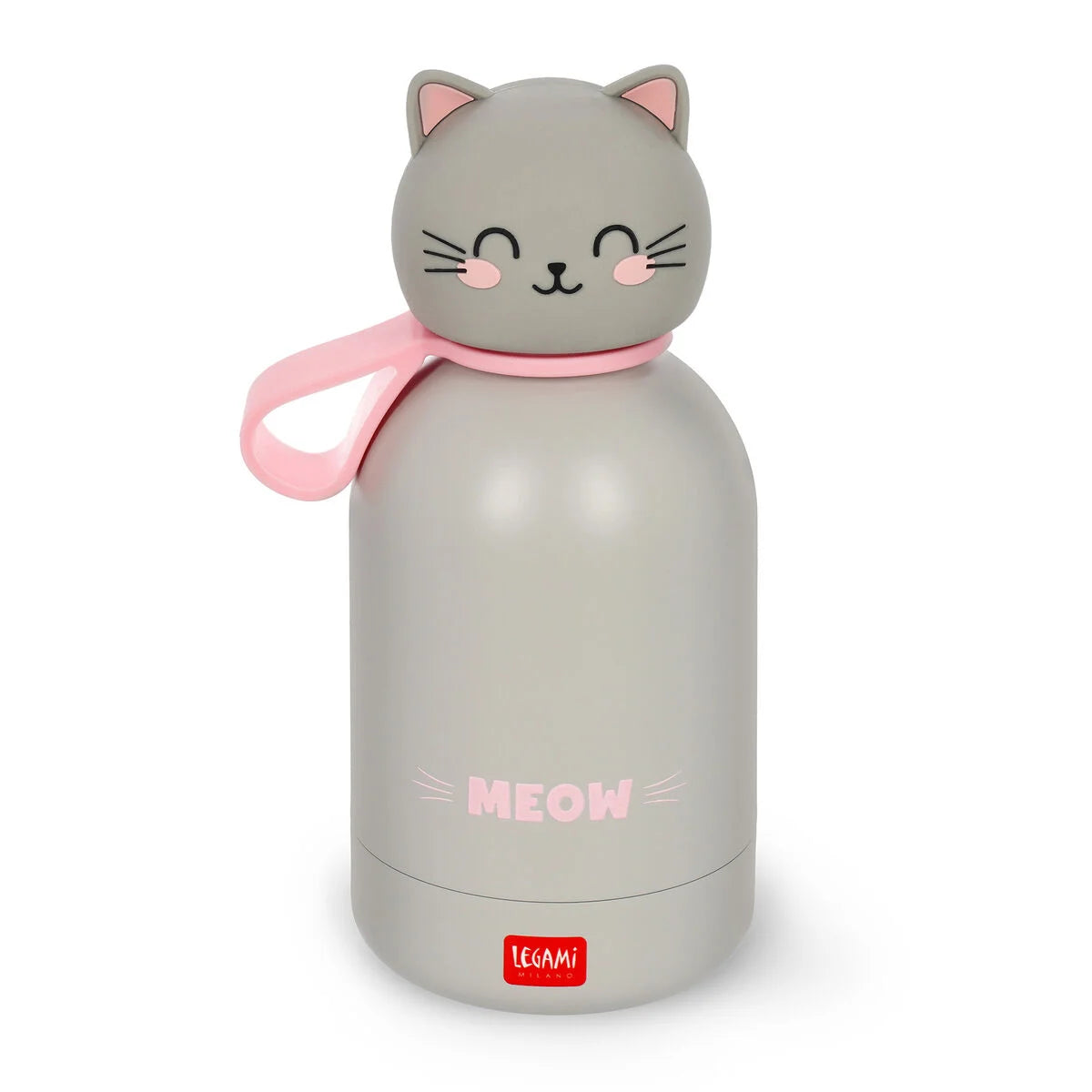Thermosflasche fuer Kinder Kitty von Legami in grau mit rosa Meow-Schriftzug und geschlossenem Katzengesicht-Deckel in Schraegansicht auf weissem Hintergrund
