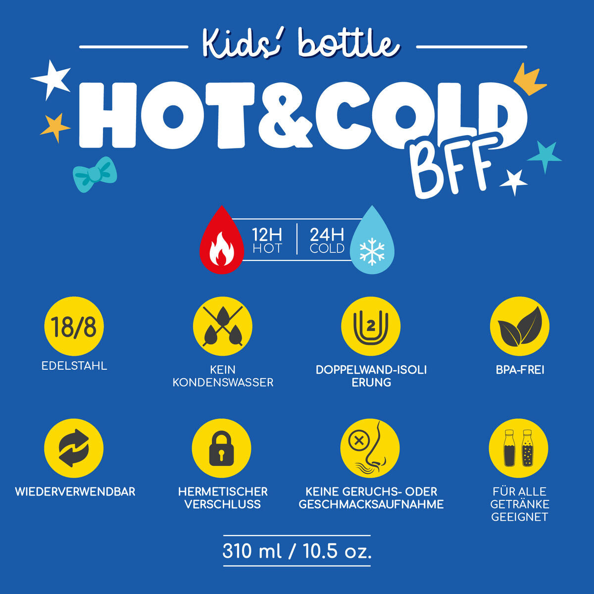 Infografik der Thermosflasche Penguin von Legami mit Eigenschaften wie Hot und Cold BFF, Edelstahl, kein Kondenswasser, Doppelwand-Isolierung, BPA-frei, wiederverwendbar, hermetischer Verschluss, keine Geschmacksaufnahme und fuer alle Getraenke geeignet