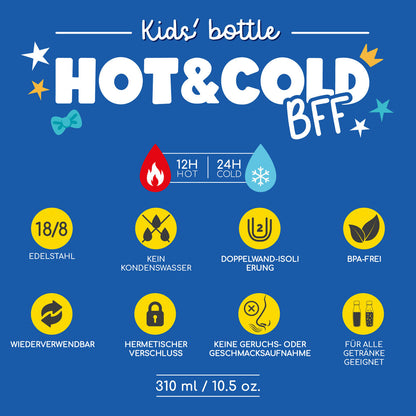 Infografik der Thermosflasche Penguin von Legami mit Eigenschaften wie Hot und Cold BFF, Edelstahl, kein Kondenswasser, Doppelwand-Isolierung, BPA-frei, wiederverwendbar, hermetischer Verschluss, keine Geschmacksaufnahme und fuer alle Getraenke geeignet