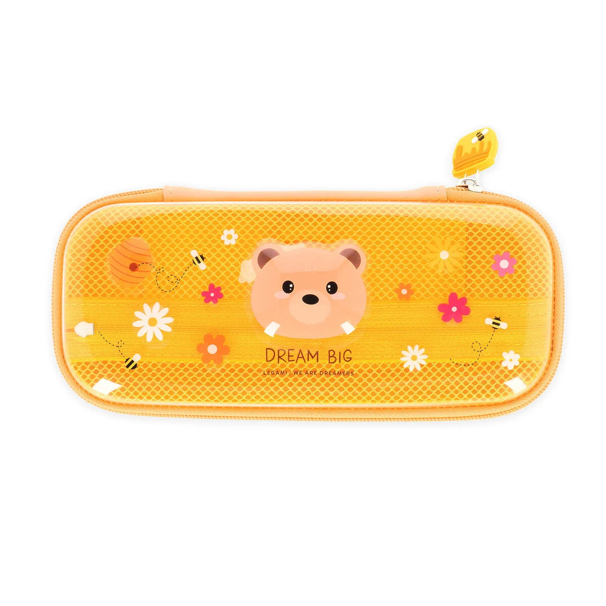 Transparentes Hartschalen-Federmäppchen Teddy Bear von Legami mit Bärenmotiv, Blumen und Dream Big Schriftzug in Frontansicht auf weißem Hintergrund