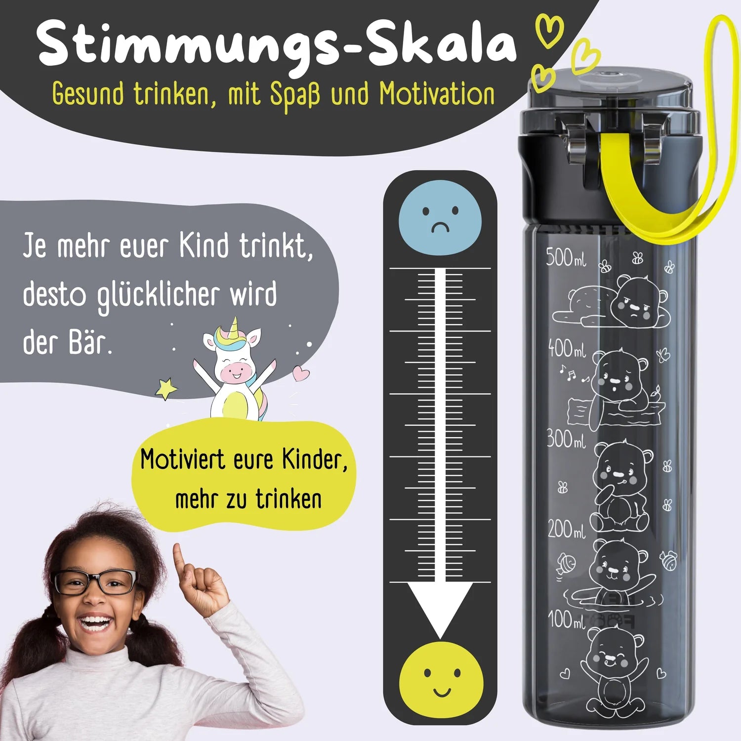 Die auslaufsichere Trinkflasche mit Baer Motiv ist perfekt für Kinder, die zum Trinken motiviert werden müssen. Sie ist für Kohlensäure geeignet. Sie hat ein Fassungsvermögen von 500ml.