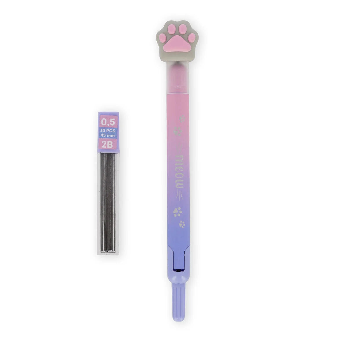 Zirkel Meow Kitty von Legami mit rosafarbenem Pfoten-Topper und pink-lila Farbverlauf sowie Ersatzminen-Dose mit null Komma fuenf Millimeter Minen auf weissem Hintergrund fuer die Schule
