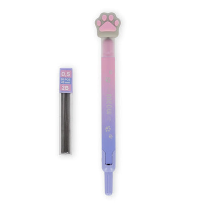 Zirkel Meow Kitty von Legami mit rosafarbenem Pfoten-Topper und pink-lila Farbverlauf sowie Ersatzminen-Dose mit null Komma fuenf Millimeter Minen auf weissem Hintergrund fuer die Schule