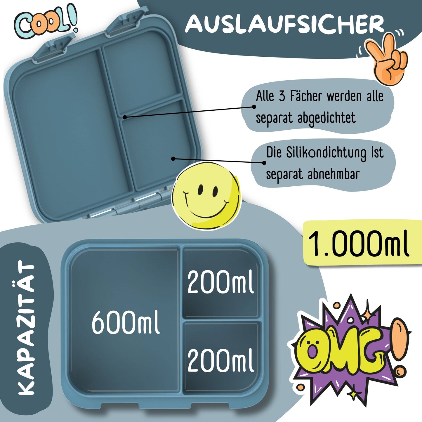 Brotdose mit "Bagger"-Motiv mit Fächern, leicht & auslaufsicher, 650ml