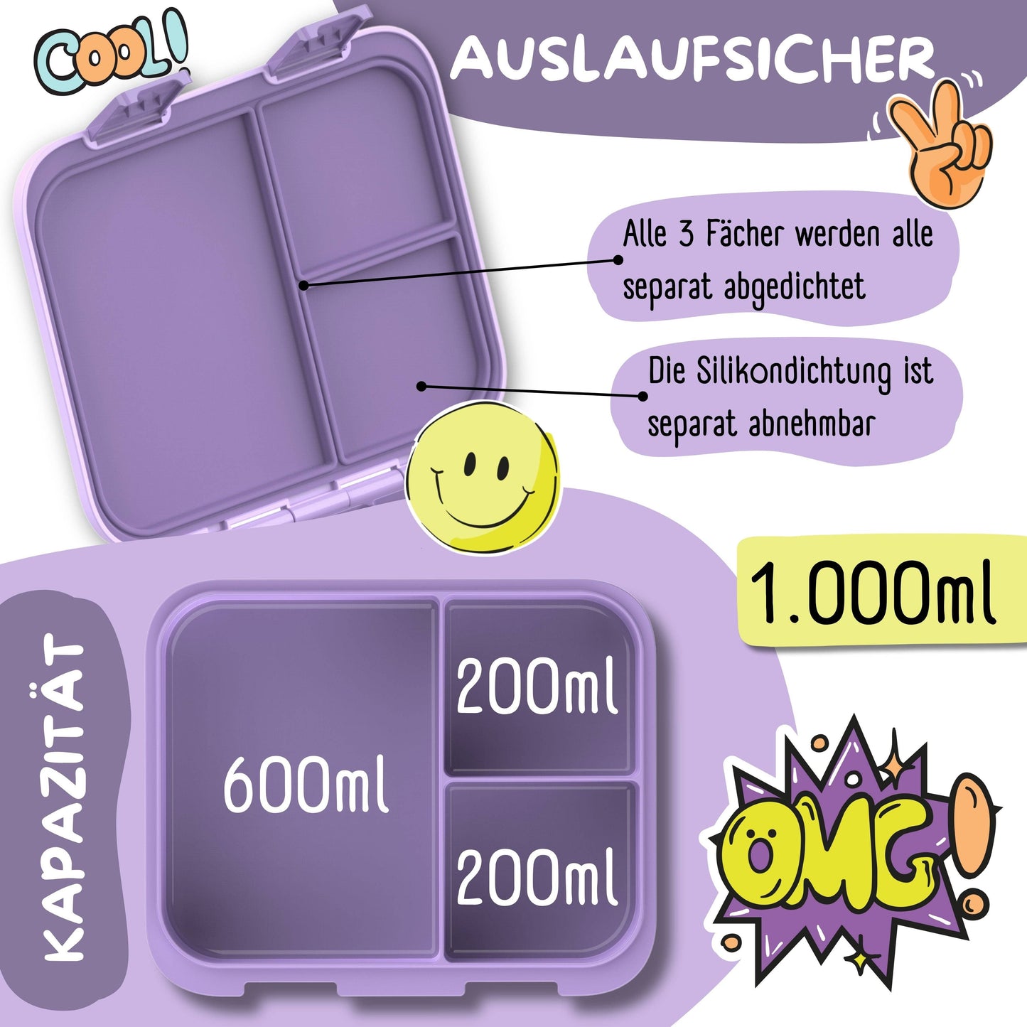 Brotdose mit "Meerjungfrau"-Motiv und Fächern, leicht & auslaufsicher, 650ml