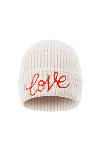 Strickmütze mit "Love"-Stickerei für Frauen, verschiedene Farben – Creme