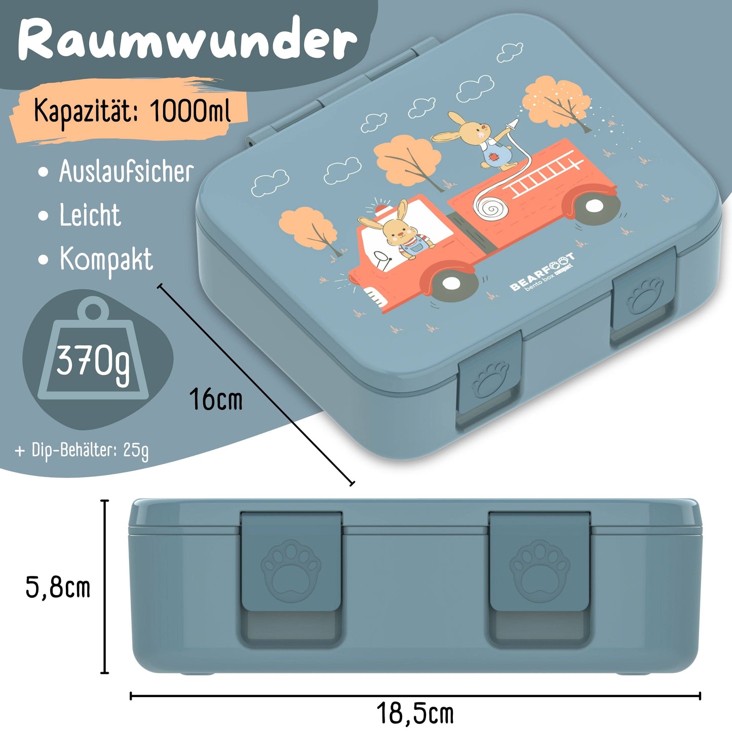 Brotdose mit "Feuerwehr"-Motiv und Fächern, leicht & auslaufsicher, 650ml