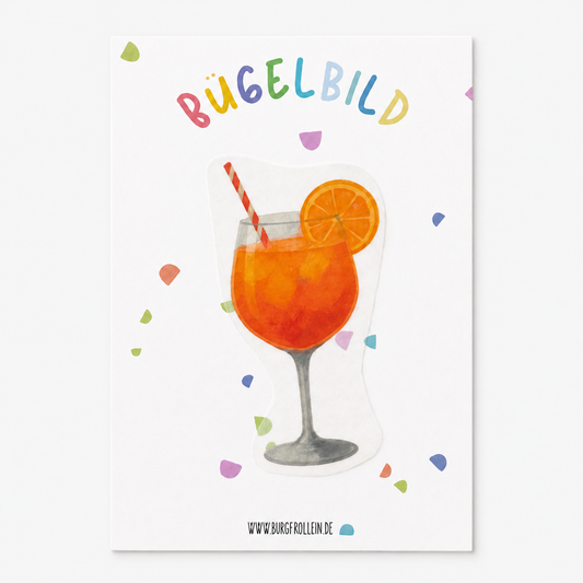 Bügelbild „Aperol Spritz" (A6) im Aquarellstil zum Aufbügeln auf Shirts, Taschen oder Beutel – witziges Sommer-Geschenk zum Junggesellinnenabschied oder Mädelsabend