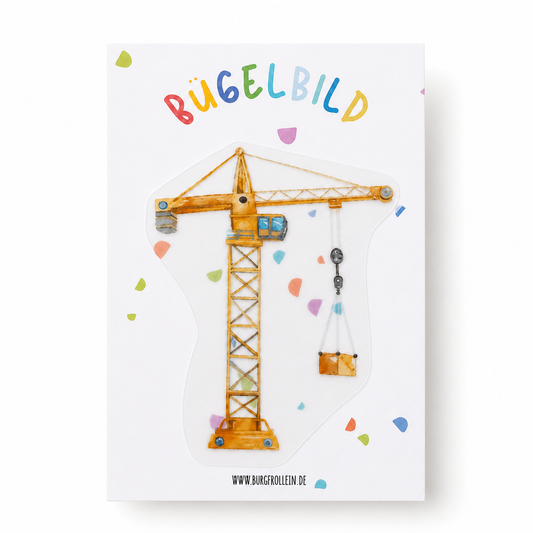 Bügelbild „Baukran" (A6) zum Aufbügeln auf Shirts, Hosen oder Taschen – süßes Geschenk für kleine Baustellen-Fans, ideal für ein individuelles Geburtstagsshirt