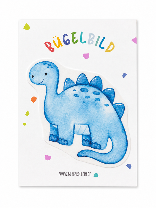 Bügelbild „Blauer Dinosaurier" (Stegosaurus, A6) zum Aufbügeln auf Shirts, Pullover oder Kita-Beutel – tolles Geschenk für kleine Dino-Fans zum Kindergeburtstag