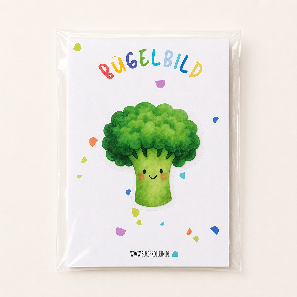 Bügelbild „Broccoli mit Gesicht" (A6) im Aquarellstil zum Aufbügeln auf Shirts, Pullover oder Kita-Beutel – fröhliches Geschenk für kleine Gemüse-Fans
