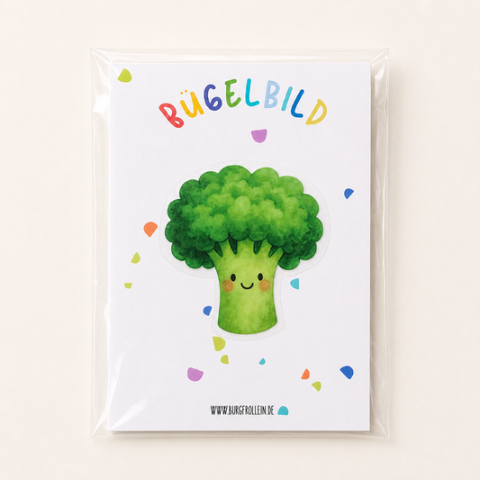 Bügelbild „Broccoli mit Gesicht" (A6) im Aquarellstil zum Aufbügeln auf Shirts, Pullover oder Kita-Beutel – fröhliches Geschenk für kleine Gemüse-Fans