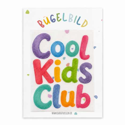 Bügelbild „Cool Kids Club" (A6) im Aquarellstil zum Aufbügeln auf Shirts, Pullover oder Kita-Beutel – coole Geschenkidee zum Kindergeburtstag
