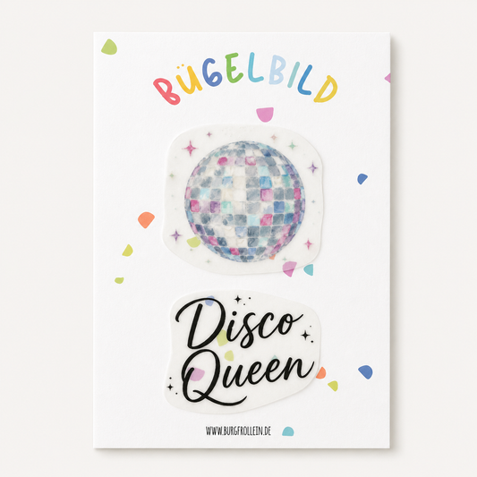 Bügelbild „Disco Queen" mit Discokugel (A6) zum Aufbügeln auf Shirts, Pullover oder Taschen – glitzerndes Geschenk zum Kindergeburtstag oder zur Discoparty