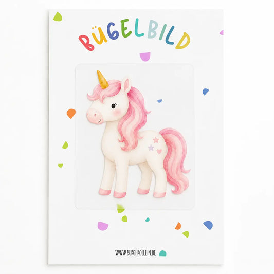 Bügelbild Einhorn für Kinder – niedliches Einhorn mit pinker Mähne zum Aufbügeln auf Geburtstags-Shirts, T-Shirts und Taschen