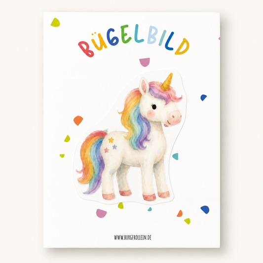 Bügelbild „Einhorn mit Regenbogen-Mähne" (A6) im Aquarellstil zum Aufbügeln auf Shirts, Pullover oder Kita-Beutel – zauberhaftes Geschenk zum Kindergeburtstag
