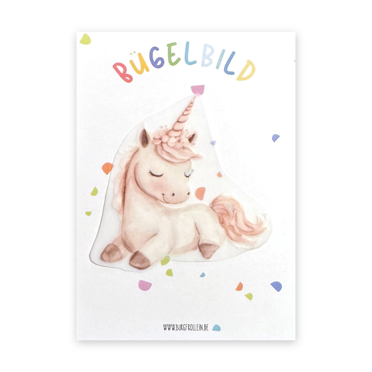Bügelbild "Einhorn sitzend" zum Aufbügeln (A6) – Aufbügelmotiv für Kinderkleidung von Burgfrollein