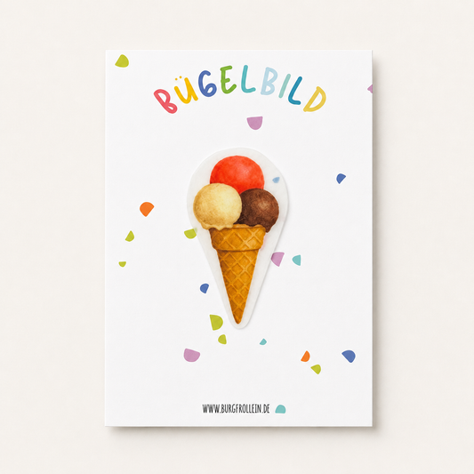 Bügelbild „Eis" mit drei Kugeln (A6) im Aquarellstil zum Aufbügeln auf Shirts, Pullover oder Kita-Beutel – süßes Sommer-Geschenk für Kinder
