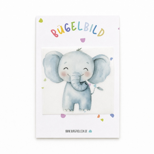 Bügelbild „Elefant" (A6) im Aquarellstil zum Aufbügeln auf Shirts, Pullover oder Kita-Beutel – niedliches Geschenk zur Geburt oder zum Kindergeburtstag