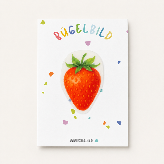 Bügelbild „Erdbeere" (A6) im Aquarellstil zum Aufbügeln auf Shirts, Pullover oder Kita-Beutel – fruchtiges Sommer-Geschenk für Kinder