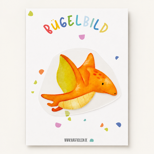 Bügelbild „Flugdinosaurier Orange" (Pteranodon, A6) zum Aufbügeln auf Shirts, Pullover oder Kita-Beutel – tolles Geschenk für kleine Dino-Fans