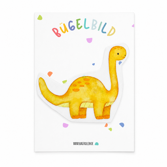 Bügelbild „Gelber Dinosaurier" (Langhals, A6) zum Aufbügeln auf Shirts, Pullover oder Kita-Beutel – tolles Geschenk für kleine Dino-Fans zum Kindergeburtstag