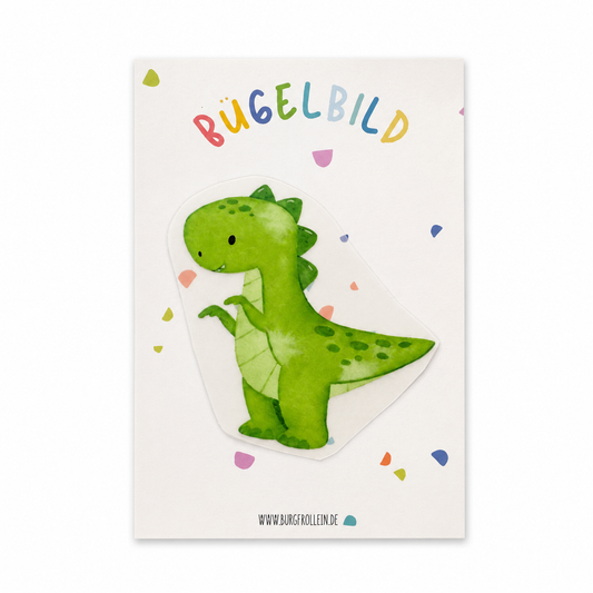 Bügelbild „Grüner Dinosaurier" (T-Rex, A6) zum Aufbügeln auf Shirts, Pullover oder Kita-Beutel – tolles Geschenk für kleine Dino-Fans zum Kindergeburtstag