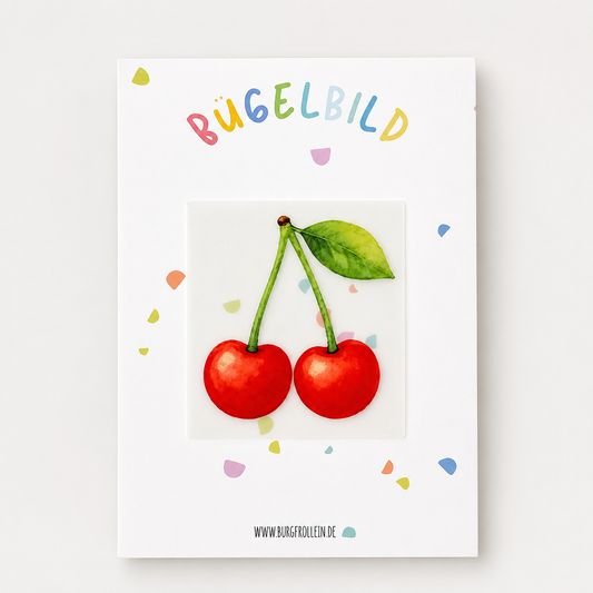 Bügelbild „Kirsche" (A6) im Aquarellstil zum Aufbügeln auf Shirts, Pullover oder Kita-Beutel – fruchtiges Geschenk für Kinder und Erwachsene