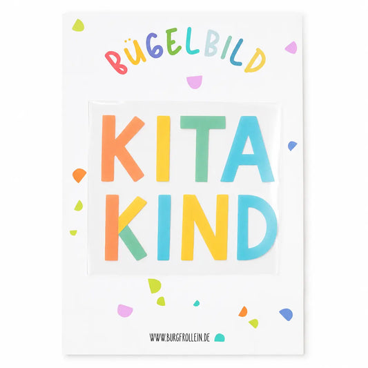 Bügelbild Kitakind – bunter Schriftzug für Kindergarten und Kita, zum Aufbügeln auf Shirts, Taschen und Kitabeutel