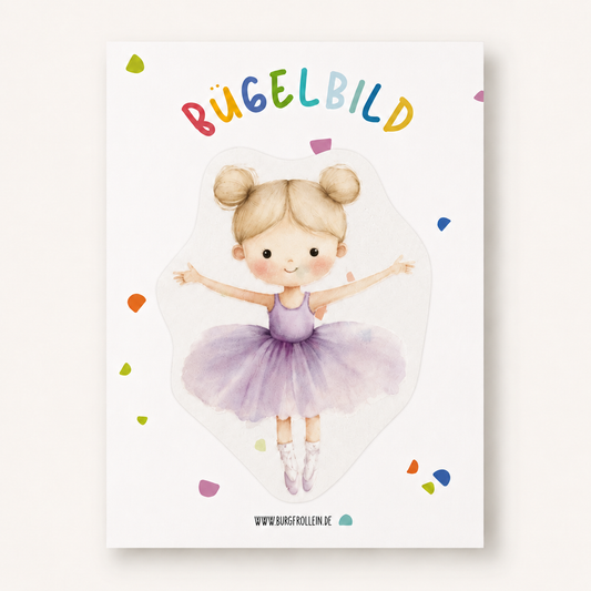 Bügelbild „Lila Ballerina" (A6) im Aquarellstil zum Aufbügeln auf Shirts, Pullover oder Kita-Beutel – zauberhaftes Geschenk für kleine Ballett-Fans