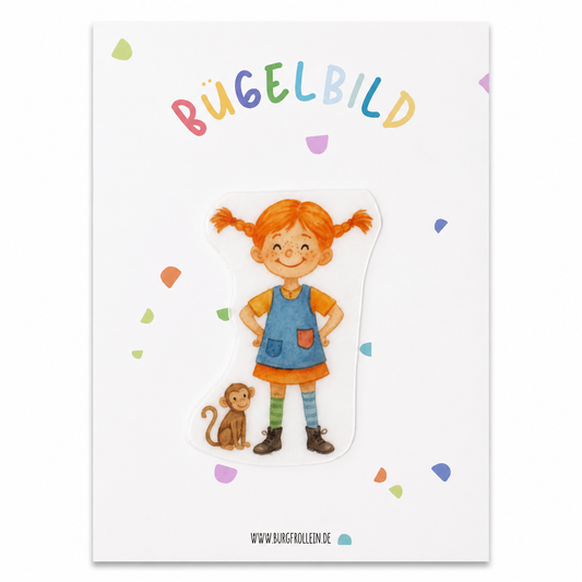 Bügelbild „Mädchen mit roten Haaren" (A6) mit Äffchen zum Aufbügeln auf Shirts, Pullover oder Kita-Beutel – süßes Geschenk zum Kindergeburtstag