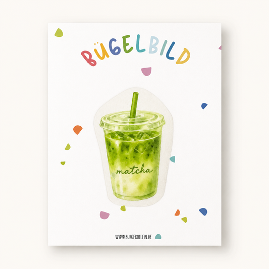 Bügelbild „Matcha" (A6) im Aquarellstil zum Aufbügeln auf Shirts, Pullover oder Kita-Beutel – trendiges Geschenk für Kinder und Erwachsene