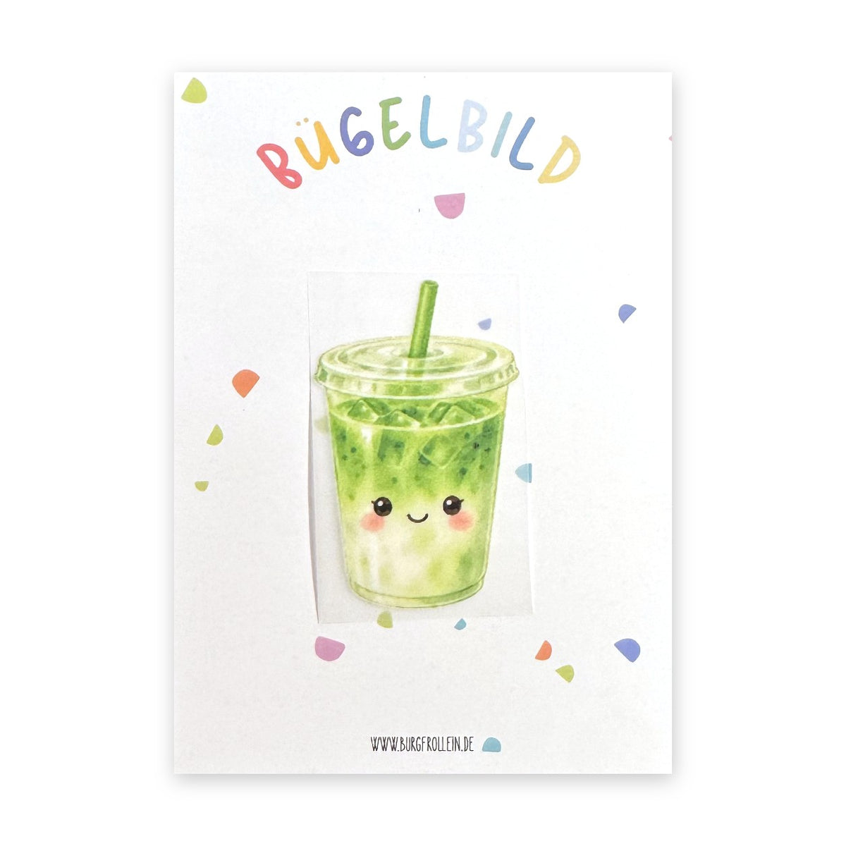 Bügelbild "Matcha mit Gesicht" zum Aufbügeln (A6) – Café-Aufbügelmotiv für Kinderkleidung von Burgfrollein